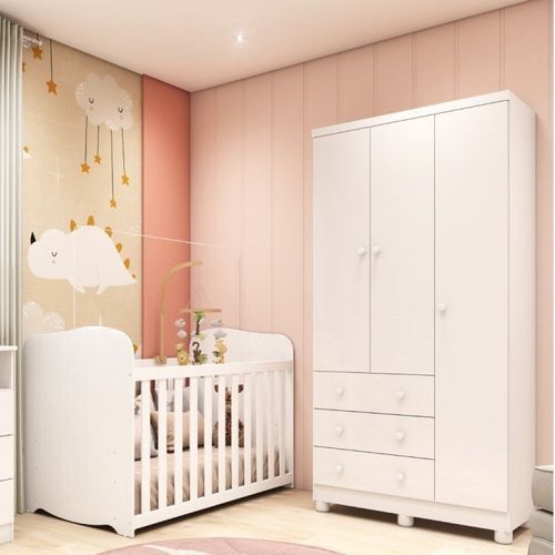 Quarto de Bebê com Guarda Roupa 3 Portas e Berço 100% MDF Pega-Pega Espresso Móveis Branco Brilho