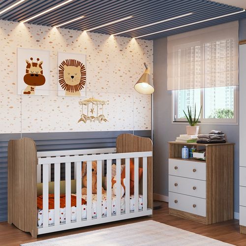 Quarto de Bebê com Cômoda 3 Gavetas e Berço Pega Pega 100% MDF Espresso Móveis Branco Brilho/Carvalho