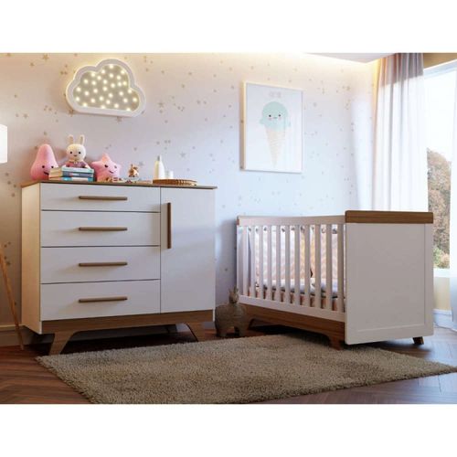 Conjunto Para Quarto de Bebê com Cômoda e Berço 100% MDF Kakau Retrô Espresso Móveis Branco/Carvalho