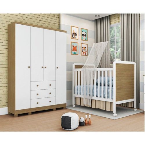 Quarto de Bebê com Berço Mini Cama 2 em 1 Cloe Guarda Roupa 4 Portas 3 Gavetas Uli Móveis Peroba Branco Brilho/Carvalho