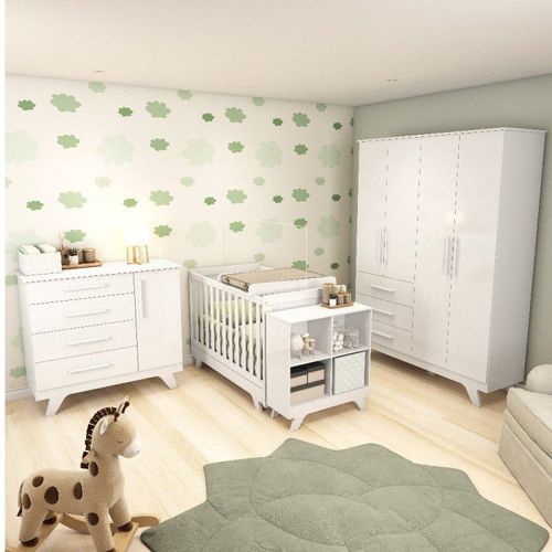 Quarto de Bebê com Berço 2 em 1 Guarda Roupa Cômoda Estante e Trocador Kakau Retrô Espresso Móveis Branco Brilho