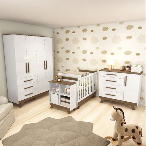 Quarto de Bebê com Berço 2 em 1 Guarda Roupa Cômoda Estante e Trocador Kakau Retrô Espresso Móveis Branco/Carvalho