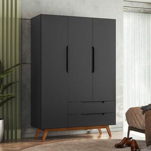 Guarda Roupa Solteiro Retrô 3 Portas 2 Gavetas Alpi Preto