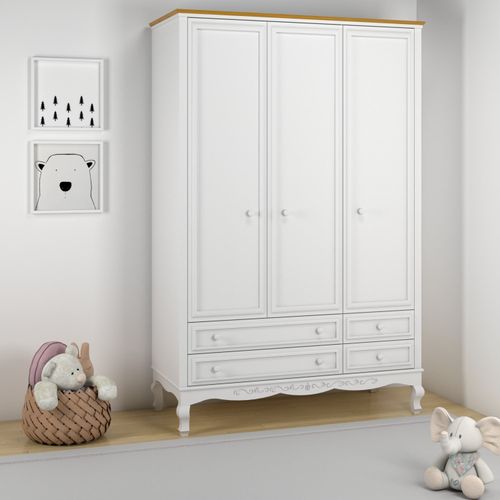 Guarda Roupa Infantil 3 Portas 4 Gavetas Versailles Timber Branco/Mel