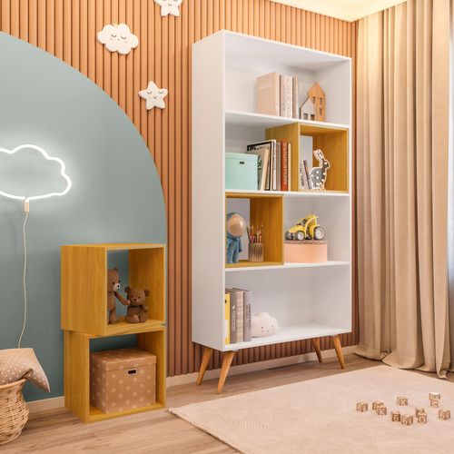 Estante Infantil com 4 Nichos Magic Yescasa Branco/Amadeirado Montana/Perfect Wood