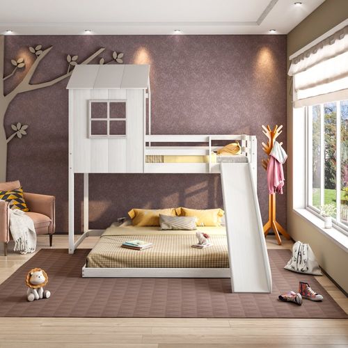 Beliche Solteiro Queen Montessoriano Cabana Family com Escorregador Casatema Branco/Offwhite
