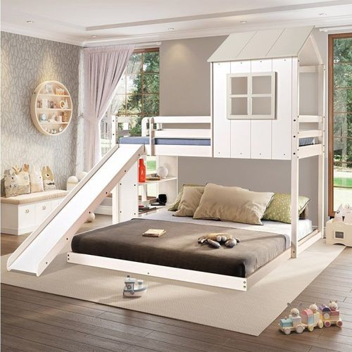 Beliche Solteiro Queen Montessoriano Cabana com Escorregador e Estante Casatema Branco/Offwhite