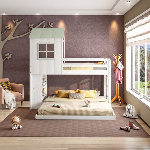 Beliche Solteiro Queen Montessoriano Cabana Family com Estante Casatema Branco/Verde