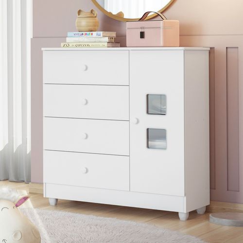 Cômoda de Bebê 100% MDF 1 Porta 4 Gavetas Life Branco