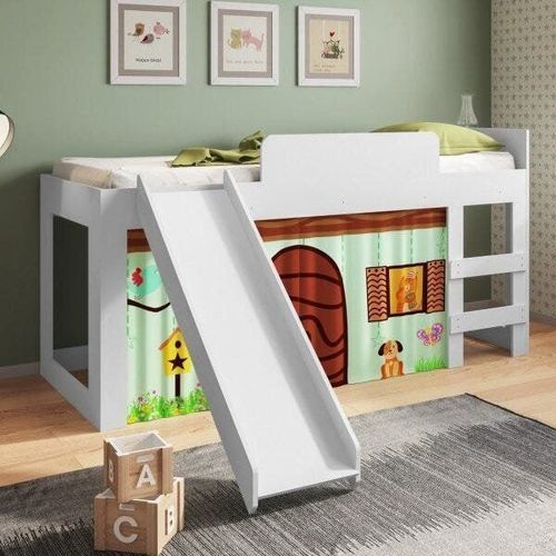 Cama Infantil com Escorregador e Cortina Diversão Meu Fofinho Art In Móveis Branco