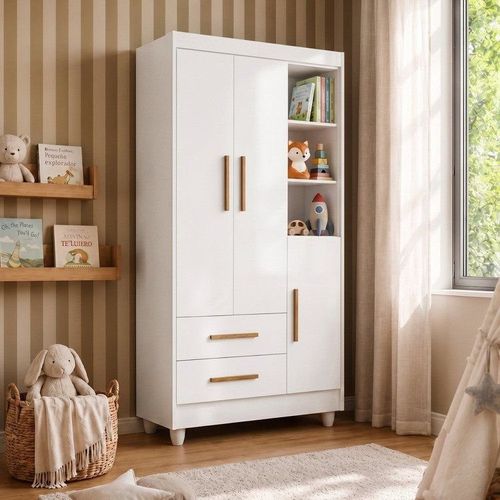 Guarda Roupa Infantil 100% MDF Flocos 3 Portas 2 Gavetas Flex Color Branco/Ypê/Branco