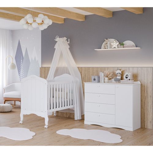 Quarto de Bebê com Berço e Cômoda 4 Gavetas 1 Porta Aquarela Espresso Móveis Branco