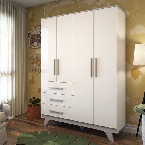 Guarda Roupa Infantil 4 Portas 3 Gavetas em MDF Kakau Retrô Móveis Peroba Branco Brilho/Cinza