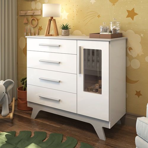 Cômoda Infantil 1 Porta com Janela 4 Gavetas em MDF Kakau Retrô Móveis Peroba Branco Brilho/Cinza