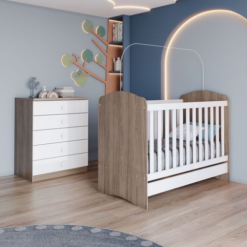 Quarto de Bebê Completo com Berço Mini Cama e Cômoda Faz de Conta Espresso Móveis Rústico/Branco