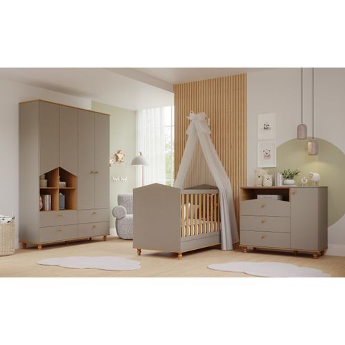 Quarto de Bebê com 1 Berço 1 Cômoda 3 Gavetas 1 Porta e 1 Guarda Roupa 4 Portas 4 Gavetas Bala de Go Fendi/Nature