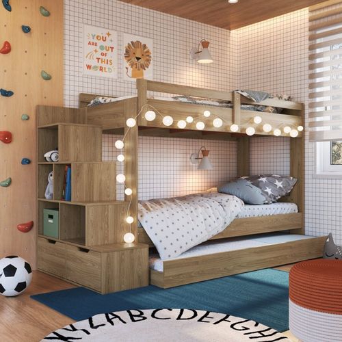 Treliche Infantil com Escada Nichos Gavetas Laterais e Cama Auxiliar Aveiro Oak