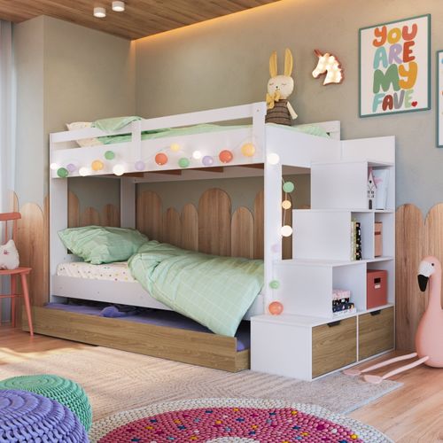 Treliche Infantil com Cama Auxiliar Escada Nichos e Gavetas Laterais Branco/Aveiro Oak