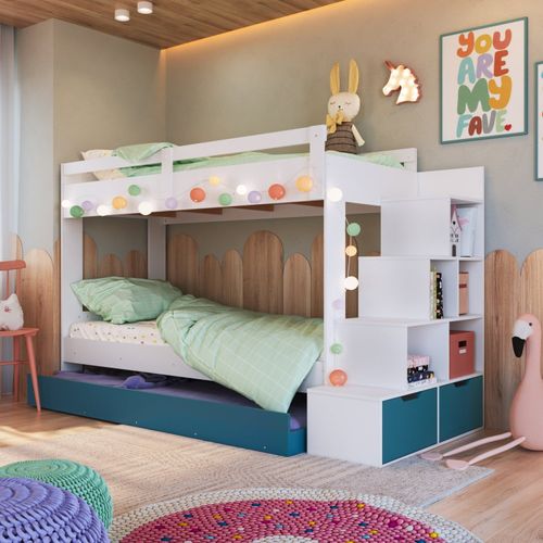 Treliche Infantil com Cama Auxiliar Escada Nichos e Gavetas Laterais Branco/Azul Secreto