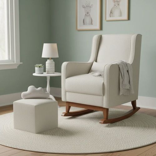 Poltrona Amamentação Sophia com Pé Canoa e Puff Reto 1 Almofada Bouclé Bege