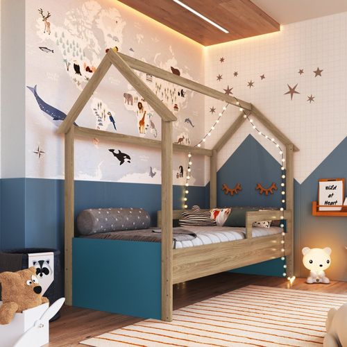 Cama Infantil Montessoriana Aveiro Oak/Azul Secreto