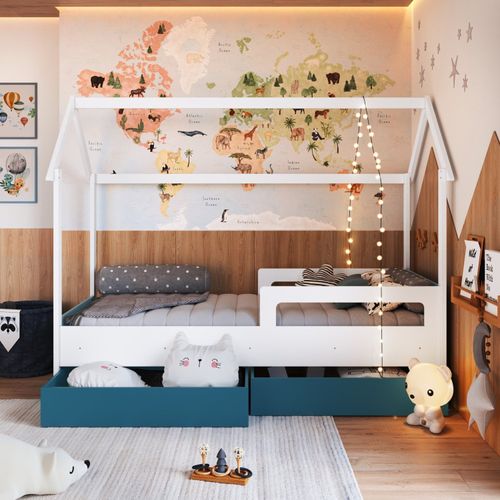 Cama Infantil Montessoriana com Gavetões Inferiores Branco/Azul Secreto