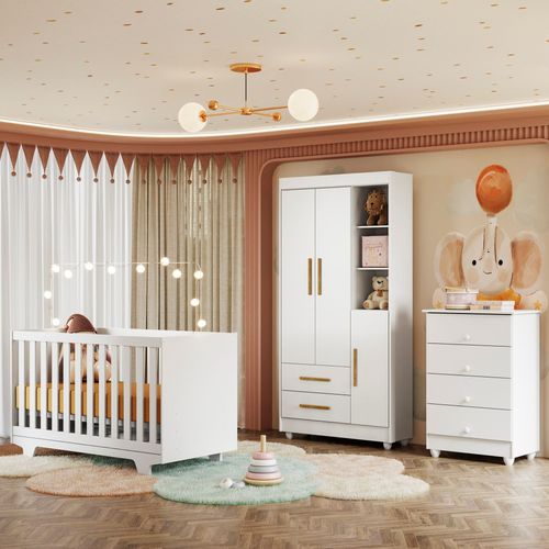 Quarto de Bebê Cômoda Berço e Guarda Roupa com Colchão Nina Branco