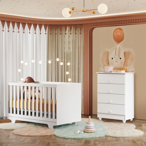 Quarto de Bebê Berço Mini Cama e Cômoda com Colchão Nina Branco
