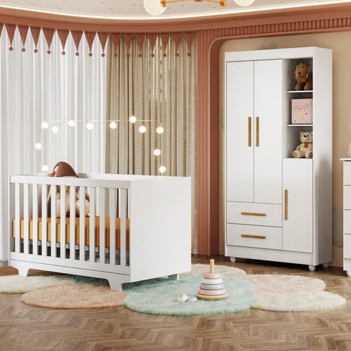 Quarto de Bebê Guarda Roupa 3 Portas e Berço Mini Cama MDF com Colchão Nina Branco