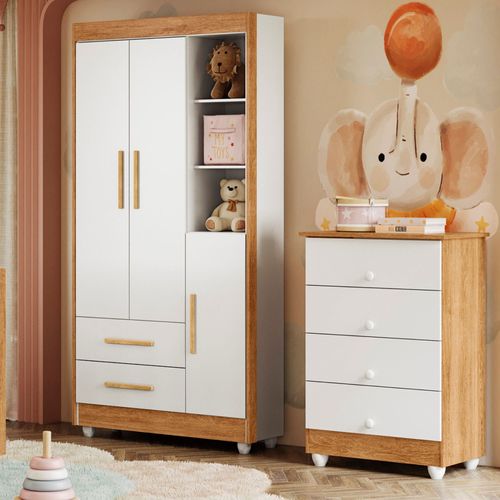 Quarto de Bebê Guarda Roupa 3 Portas e Cômoda MDF Nina Amadeirado/Branco