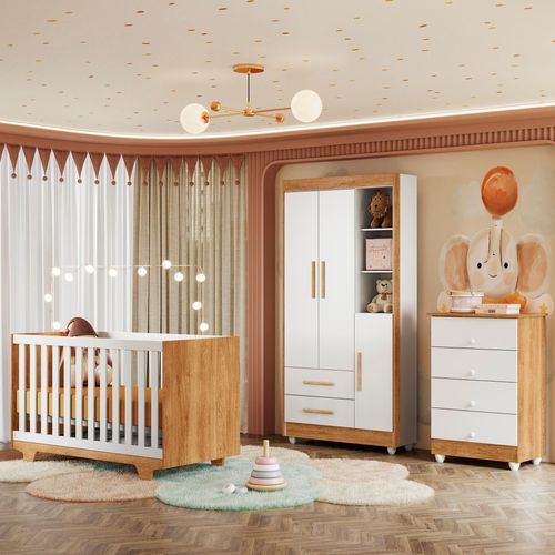Quarto de Bebê Cômoda Berço e Guarda Roupa com Colchão Nina Amadeirado/Branco