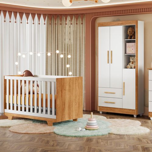 Quarto de Bebê Guarda Roupa 3 Portas e Berço Mini Cama MDF com Colchão Nina Amadeirado/Branco