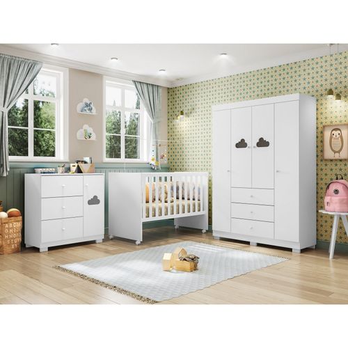 Conjunto Completo para Quarto de Bebê Ane 1 Berço 1 Cômoda e Guarda Roupa Branco