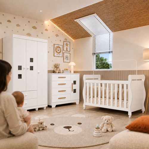 Quarto de Bebê Completo com Cômoda, Berço com Colchão e Guarda Roupas Mila Branco