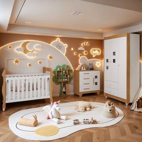 Quarto de Bebê Completo com Cômoda, Berço com Colchão e Guarda Roupas Mila Branco/Amadeirado