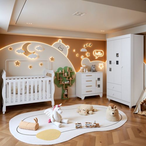 Quarto de Bebê Completo com Cômoda, Berço e Guarda Roupas Mila Branco
