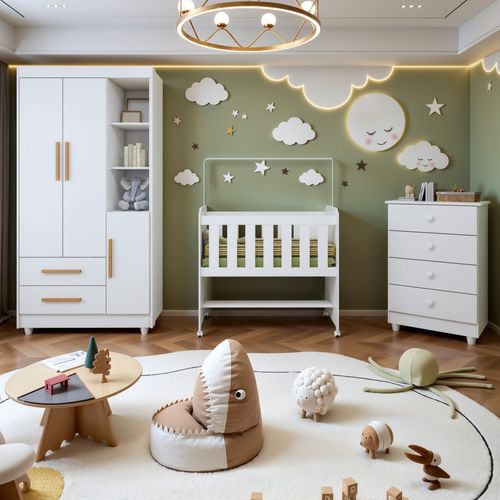 Quarto de Bebê Completo com Cômoda, Mini Berço com Colchão e Guarda Roupas Lila Branco