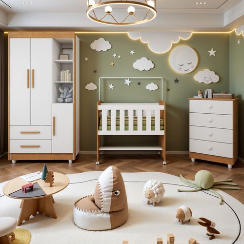 Quarto de Bebê Completo com Cômoda, Mini Berço com Colchão e Guarda Roupas Lila Amadeirado/Branco