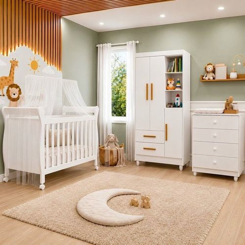 Quarto de Bebê Completo com Cômoda, Berço e Guarda Roupas Mia Branco