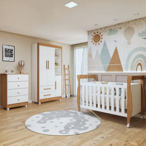 Quarto de Bebê Completo com Cômoda, Berço com Colchão e Guarda Roupas Mia Branco/Amadeirado