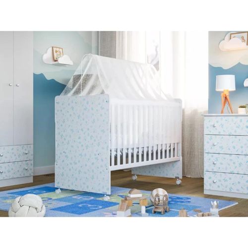Berço Simples New Baby Batrol Móveis Branco / Gravuras Azul
