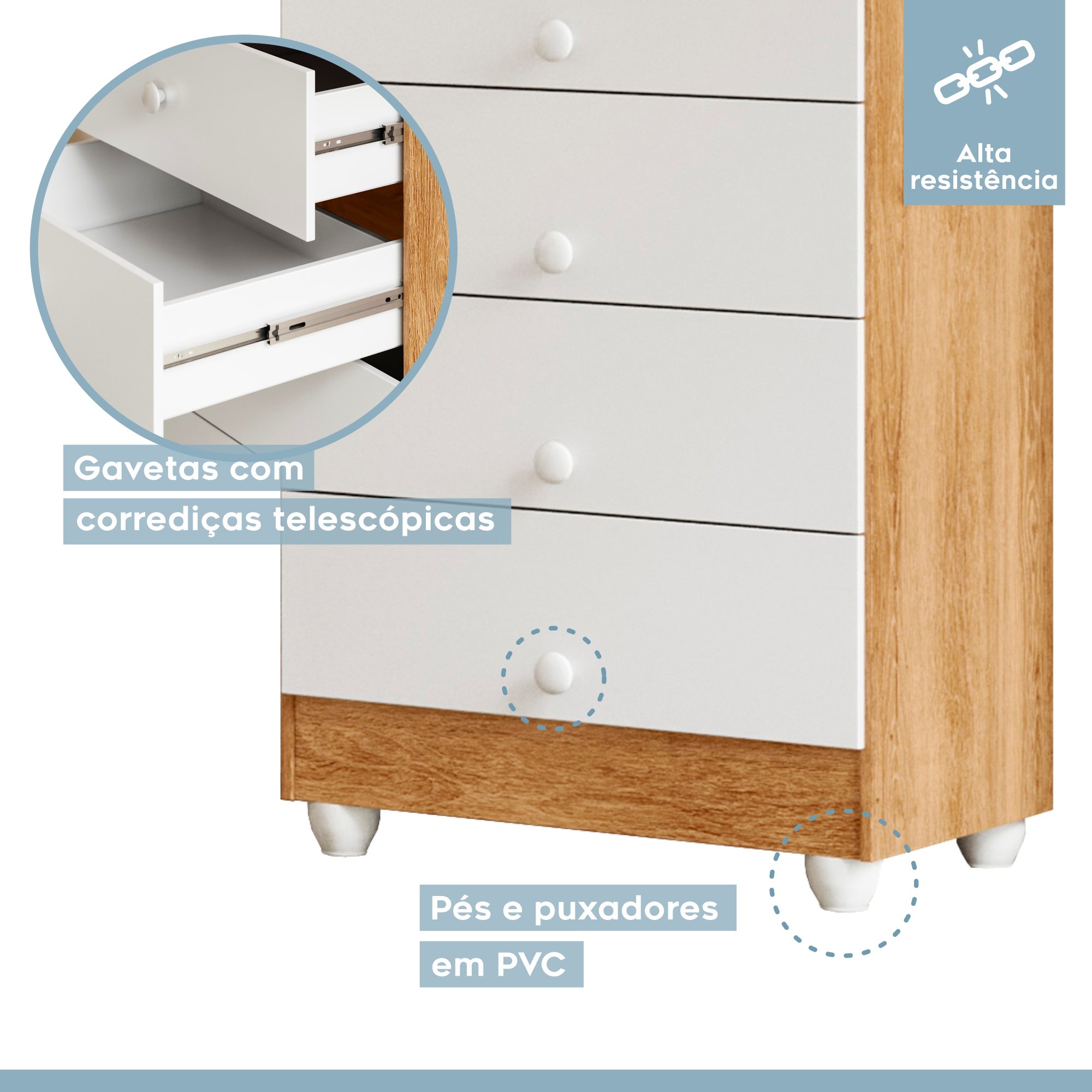 Quarto de Bebê Completo 100% MDF com Cômoda Berço e Guarda Roupa 1 MDF Nina  Branco/Amadeirado - CasaTema