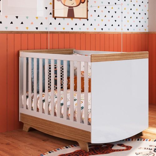 Berço Mini Cama 3 em 1 Americano 100% MDF Kakau Retrô Branco/Carvalho