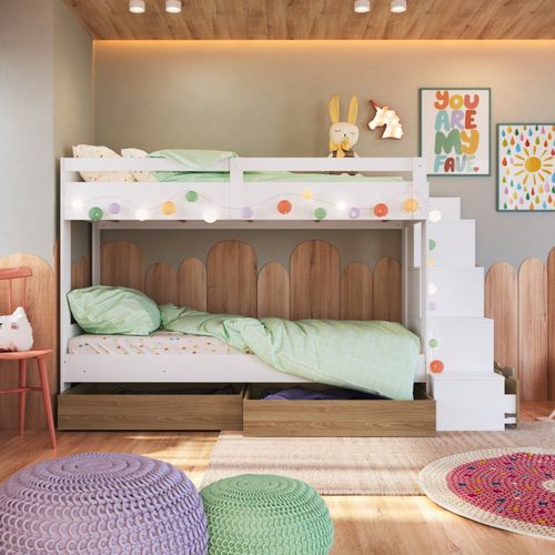 Beliche Infantil com Escada Nichos Gavetas Laterais e Gavetões Inferiores Branco/Aveiro Oak