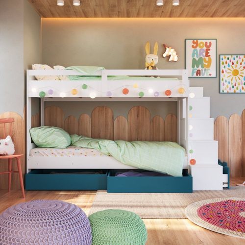 Beliche Infantil com Escada Nichos Gavetas Laterais e Gavetões Inferiores Branco/Azul Secreto