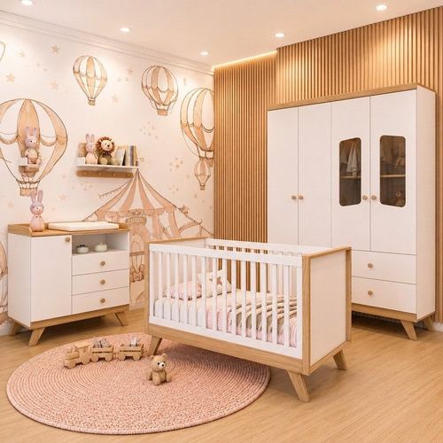 Quarto de Bebê Completo Berço 3 em 1 com Guarda Roupa 4 Portas e Cômoda Retrô Theo Espresso Móveis Branco/Jequitibá HP