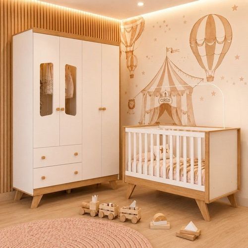 Quarto de Bebê com Guarda Roupa 4 Portas e Berço 3 em 1 Retrô Theo Espresso Móveis Branco/Jequitibá HP