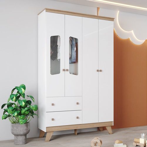 Guarda Roupa Infantil 4 Portas 2 Gavetas Retrô Theo Espresso Móveis Branco/Jequitibá HP