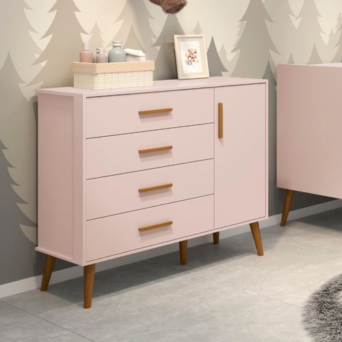 Cômoda Sapateira Infantil 4 Gavetas 1 Porta Isis Móveis Reller Rosa