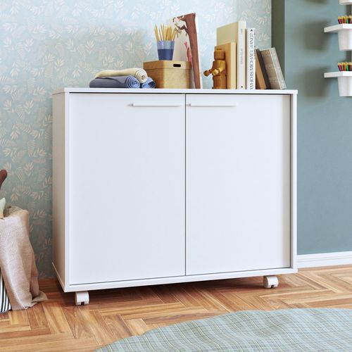 Balcão 2 Portas 1 Prateleiras 4 Pés Com Rodízios Branco
